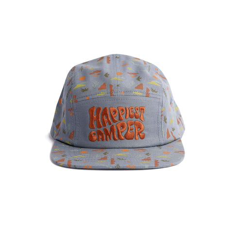 Happiest Camper Kids Hat with playful all-over print and Trek Light branding, perfect for young adventurers.