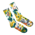 Happiest Camper Tie Dye Socks with smiley design, green and yellow patterns. Comfortable crew socks for adventures. Keywords: Trek Light.