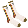 Colorful "Happy To Be Here" crew socks with retro stripes, designed for comfort and style. Perfect daily wear by Trek Light.