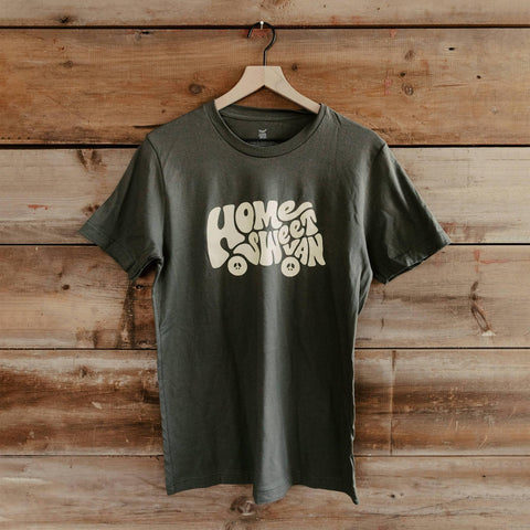 Trek Light Home Sweet Van shirt, unisex Army Green, 100% cotton, hanging on wooden wall, perfect comfort and style.