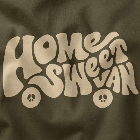 Army green shirt with 'Home Sweet Van' design, handprinted on soft cotton. Embrace adventure with Trek Light style and comfort.