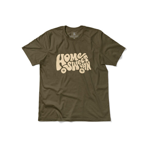 Army green 'Home Sweet Van' shirt, handprinted in USA, soft 100% cotton, unisex style. Experience ultimate comfort with Trek Light.