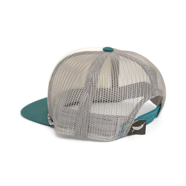 Back view of Human Kind Kids Hat, green and beige 5-panel foam trucker style by Trek Light, with adjustable snapback closure.
