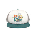 Kids trucker hat with 'Human Kind. Be Both' design in teal and white. Perfect for adventures. Trek Light style.