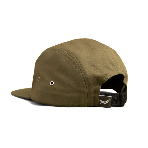 Olive green 5-panel camper hat, adjustable fit, by Trek Light. Perfect for outdoor adventures and self-reflection.