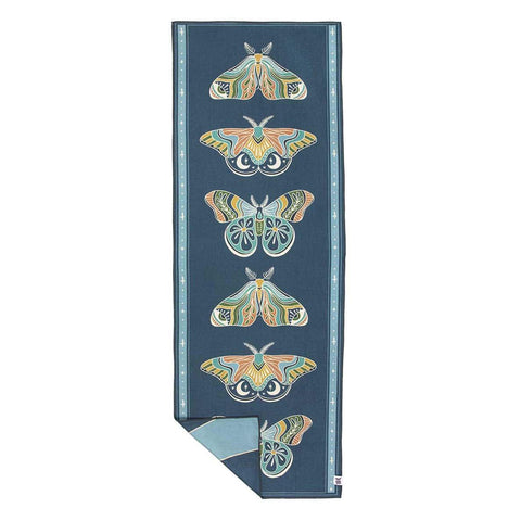 Painted Moth Yoga Towel by Trek Light. Sustainable, recycled materials, compact travel pouch, Grip-Tex™ for stability, quick-drying.