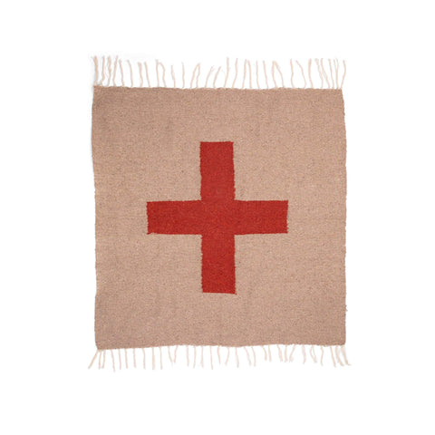 Trek Light Positive Vibrations Blankestry featuring woven red cross design, made from 100% recycled materials, hangable as tapestry.