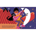 Colorful illustration from Little People, Big Dreams book showing Prince playing guitar beneath the moon and stars. Trek Light