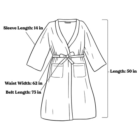 Diagram of Agave Robe with measurements: sleeve 14 in, waist 62 in, belt 73 in, length 50 in. Cozy unisex fit by Trek Light.