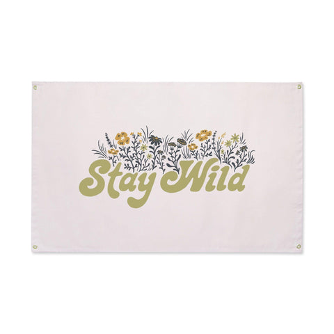 Trek Light Stay Wild Canvas Flag with floral design, made of natural cotton and brass grommets for easy hanging.