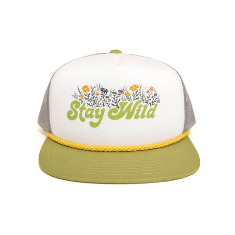 Stay Wild Foam Trucker Snapback Hat by Trek Light with floral design, perfect for adventures and retirement dreams.