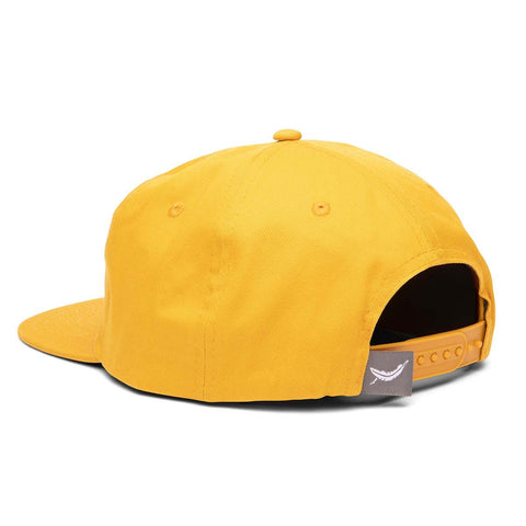 Alt Tag: Back view of yellow Take It Easy 6-panel snapback hat by Trek Light, featuring stylish vent holes and adjustable fit. 100% cotton.