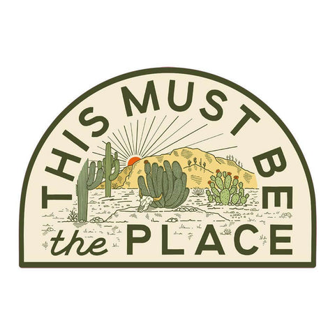 Trek Light desert sticker, 'This Must Be The Place' design, showcasing cactus and sunset, weatherproof vinyl.