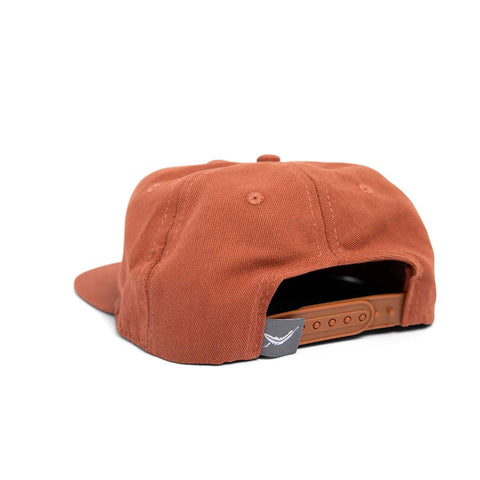 Back view of Trek Light 'You Are My Sunshine' kids snapback hat in rust color, showing adjustable strap and flat brim design.